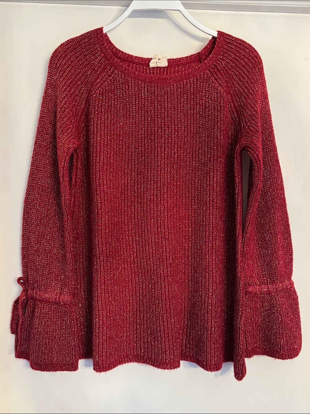 Red Metallic Bell-Sleeve Crewneck Sweater
